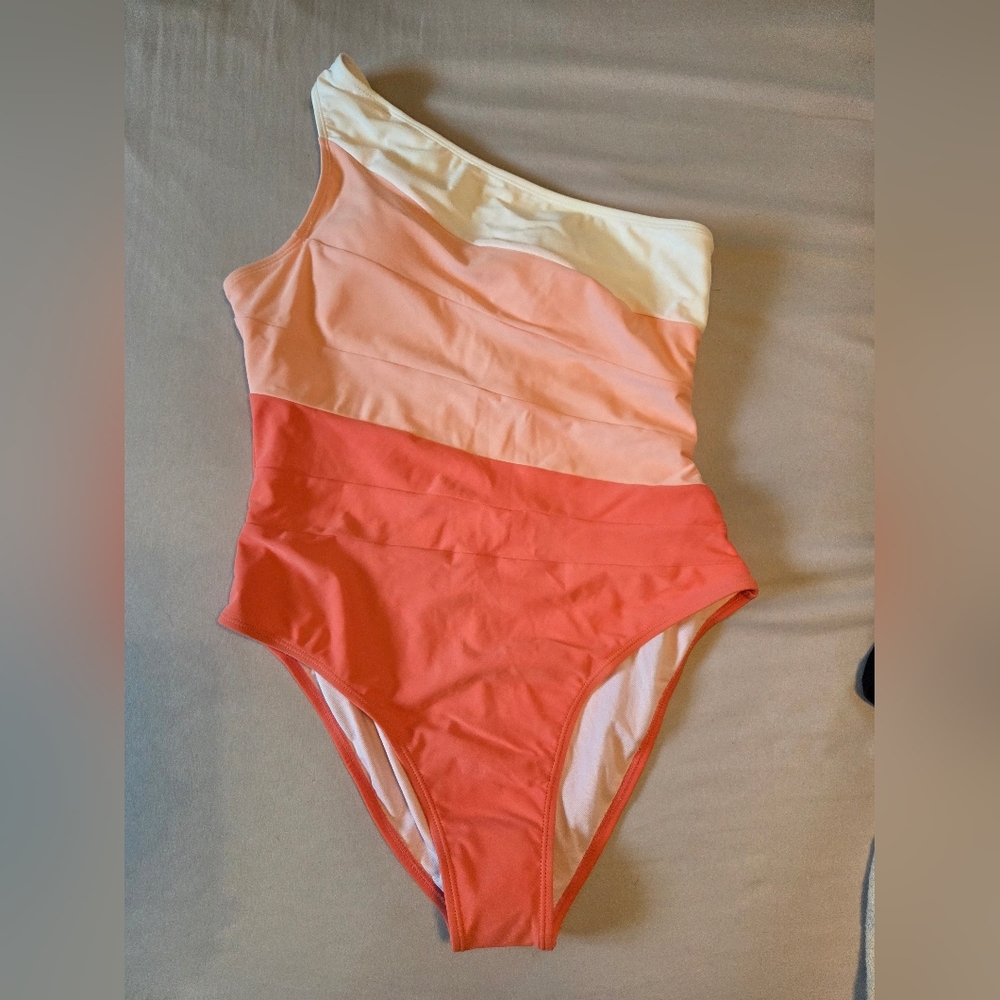 Women's One Shoulder Swimsuit in Coral and Cream